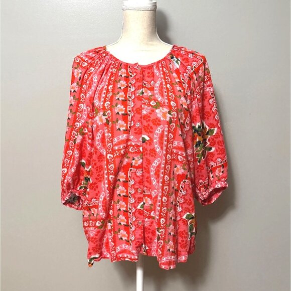Lauren Conrad Tops - Lauren Conrad Red Floral Boho Peasant Blouse S 3/4 Sleeve Lightweight Relaxed Fi